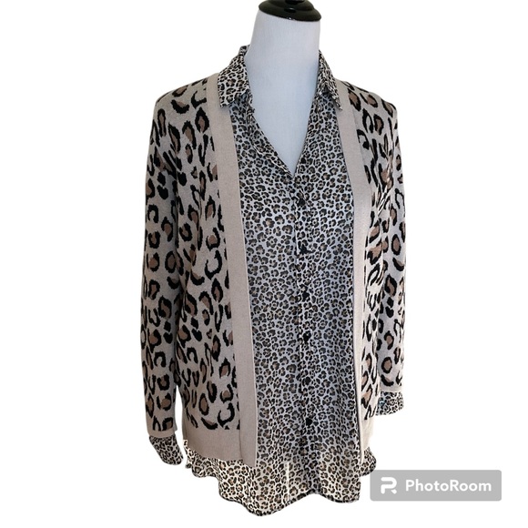 Mango sheer leopard print long sleeve button down blouse M - Picture 6 of 9